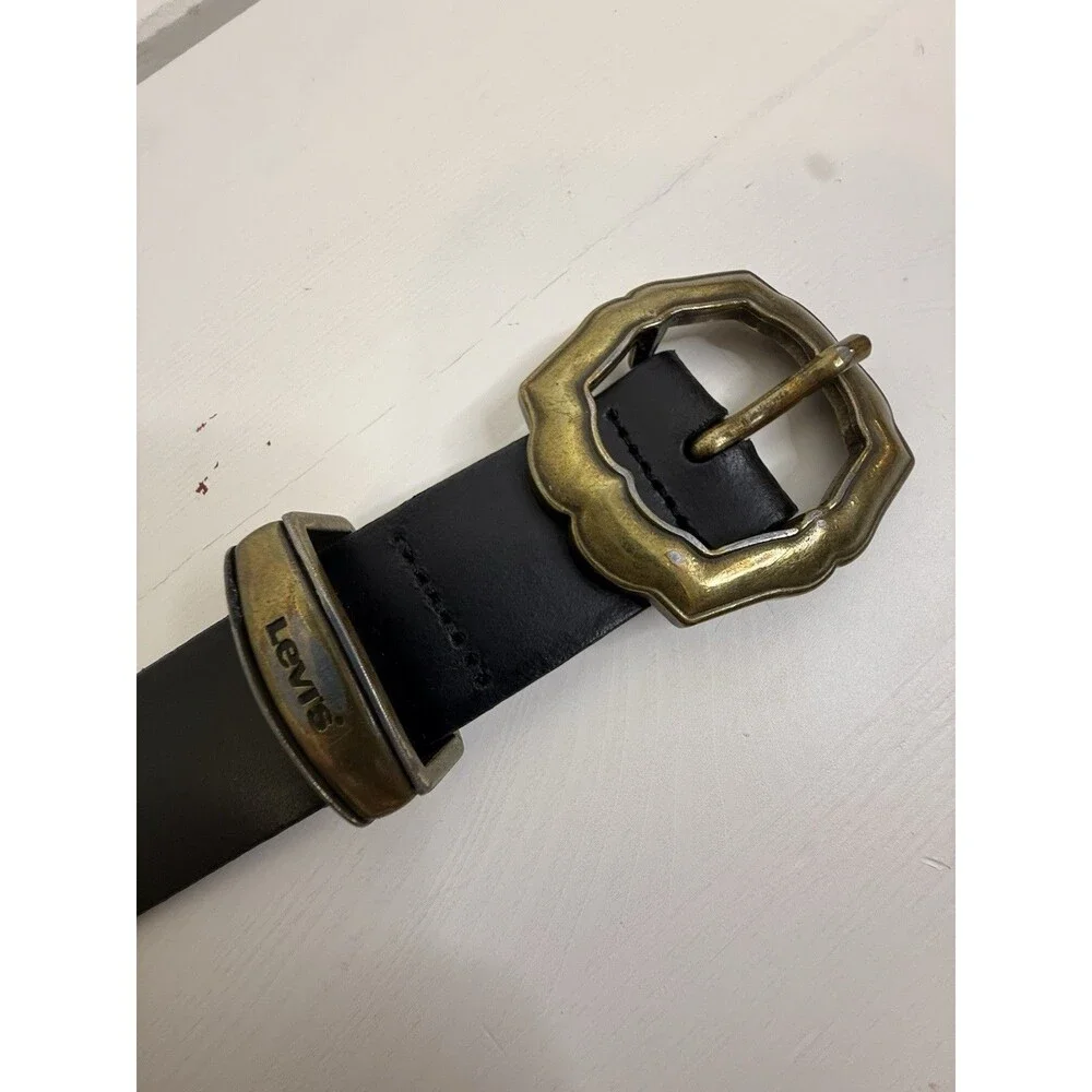 Levi’s Black Leather Belt Western Buckle Brass Horse Logo Size 38